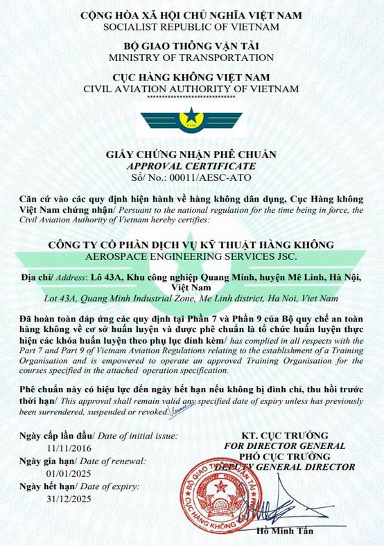 CAAV Training Organisation Approval Certificate